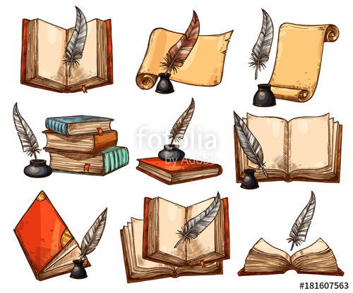 500x416 Old Book, Paper Scroll And Feather Pen Sketch Set Stock Image