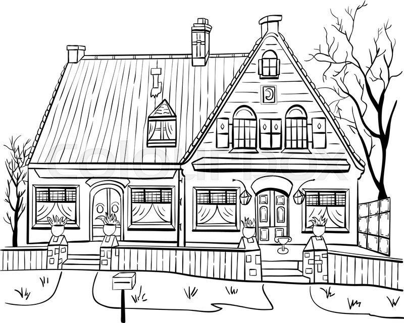 800x640 Old House, Road And Garden On A White Stock Vector Colourbox