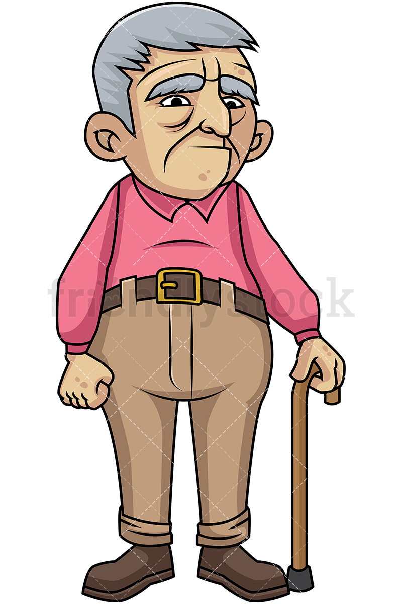 800x1200 Sad Old Man With Walking Stick Cartoon Vector Clipart