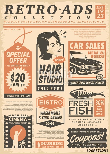 357x500 Retro Newspaper Ads Collection On Old Paper Texture Vector