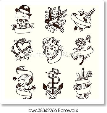 362x382 Old Vintage Tattoo Vector Set, Art Print Barewalls Posters
