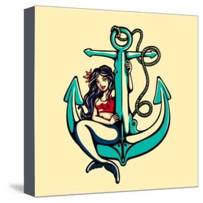 400x401 Pretty Siren Mermaid Pin Up Girl Sitting On Anchor, Sailor Old School