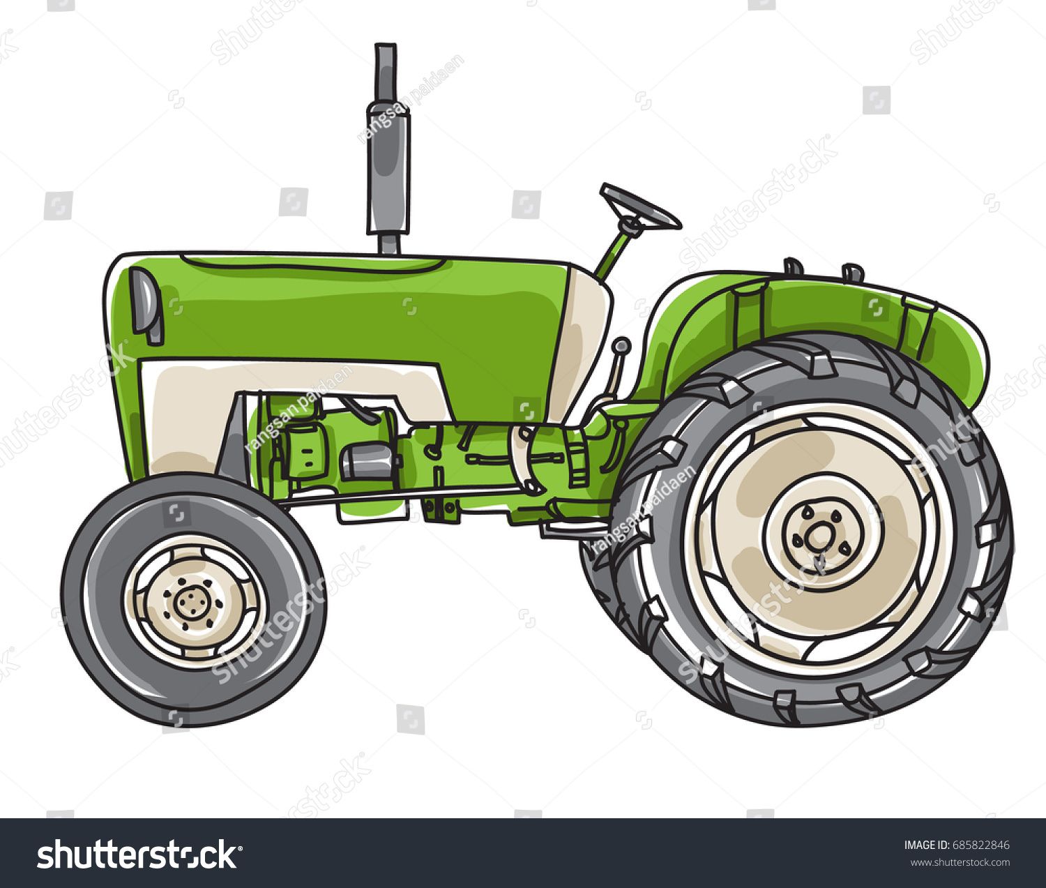 1500x1273 Green Old Tractor Vintage Hand Drawn Cute Vector Line Art