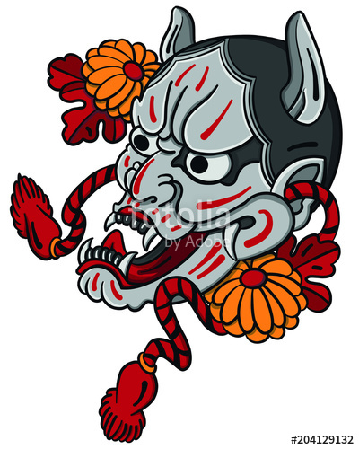 400x500 Hand Drawn Oni Mask With Cherry Blossom And Peony Flower Japanese