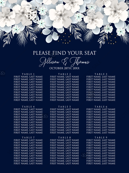 450x600 Seat Card White Hydrangea Navy Blue Online Invite Maker