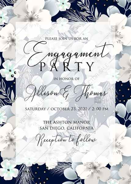 428x600 Engagement Invitation White Hydrangea Navy Blue Background Online