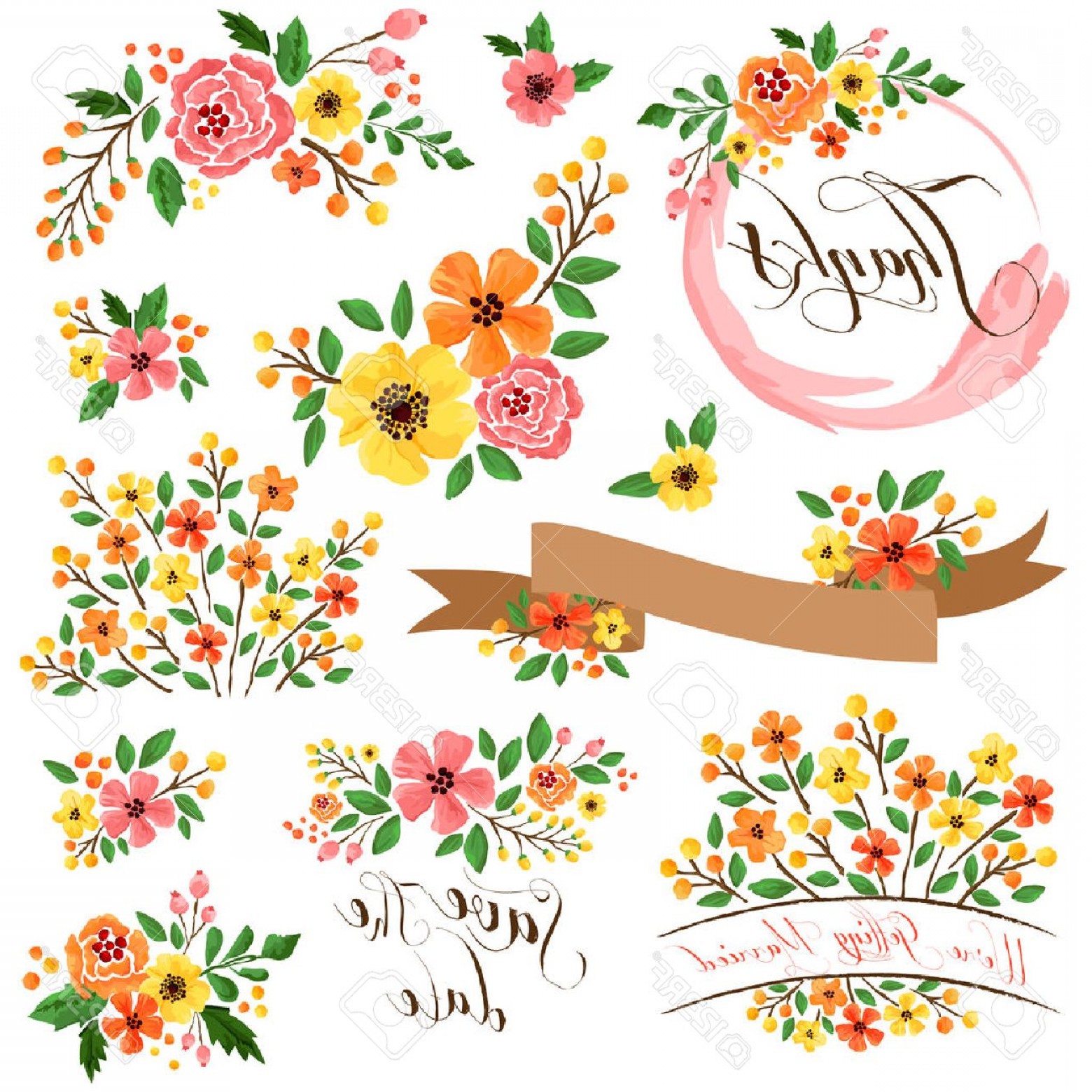 Photostock Vector Yellow Orange Flower Watercolor Vector Set 1560x1560 Photostock Vector Yellow Orange Flower Watercolor Vector Set