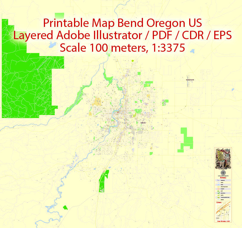 811x763 Printable Map Bend Oregon Us, Exact Vector City Plan Map