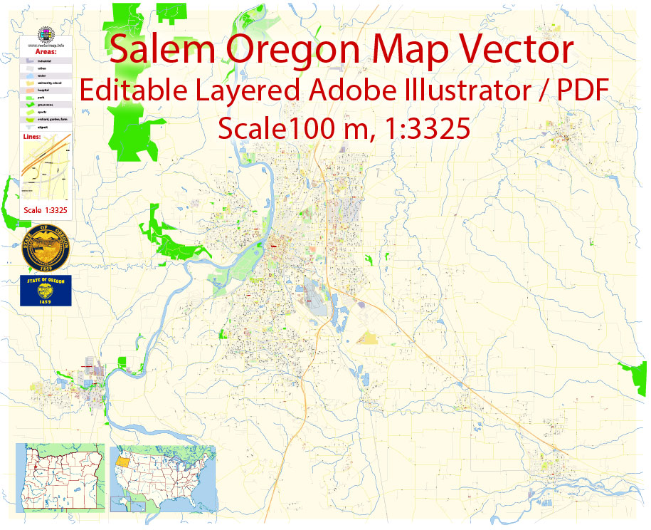 915x744 Salem Oregon Map Vector Exact City Plan Detailed Street Map