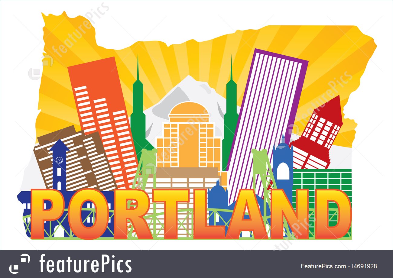 1300x920 Portland Oregon Skyline In State Map Outline Vector Illustration