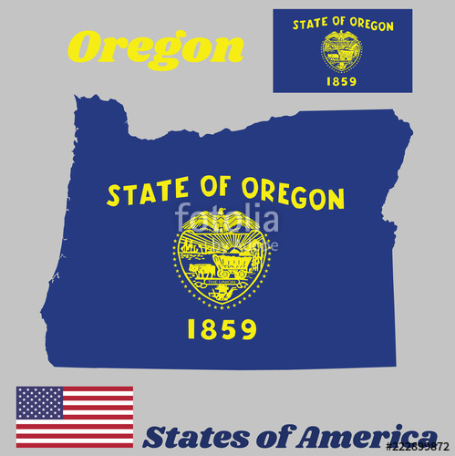 499x500 Map Outline And Flag Of Oregon, Seal Of Oregon In Gold On An Azure