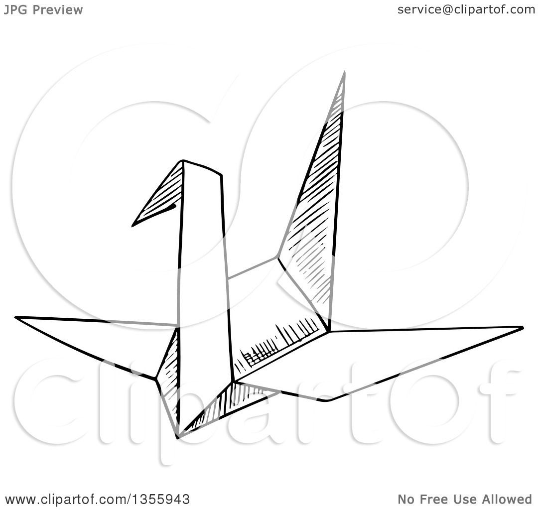 1080x1024 Clipart Of A Black And White Sketched Origami Crane