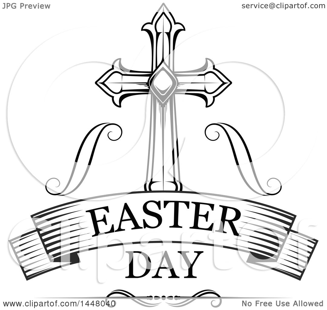 1080x1024 Clipart Of A Black And White Ornate Cross Over Easter Day Text