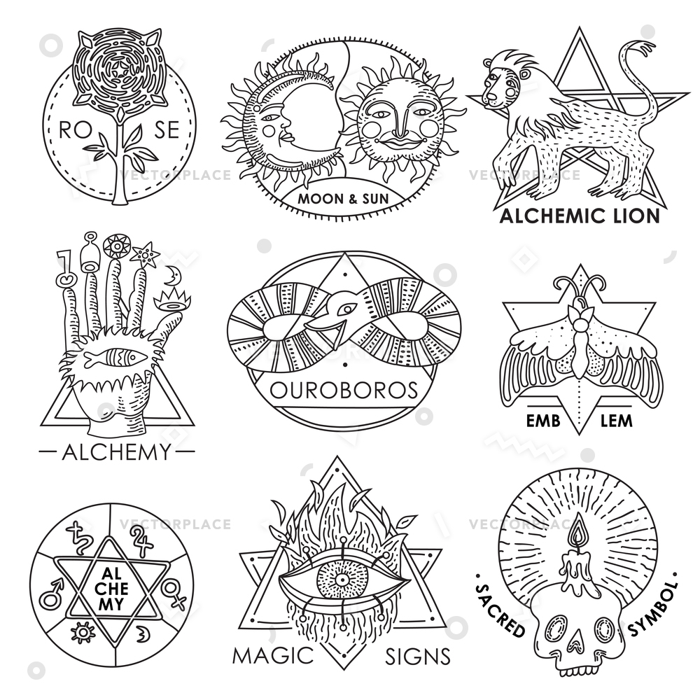 1000x1000 Magic Emblems Monochrome Hand Drawn Set Vector Illustration