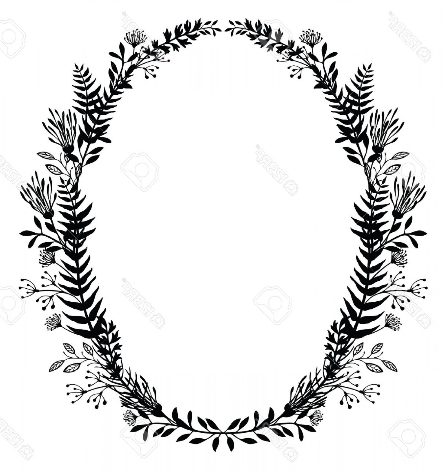 1472x1560 Photostock Vector Card With Oval Frame Of Flowers And Ferns Black