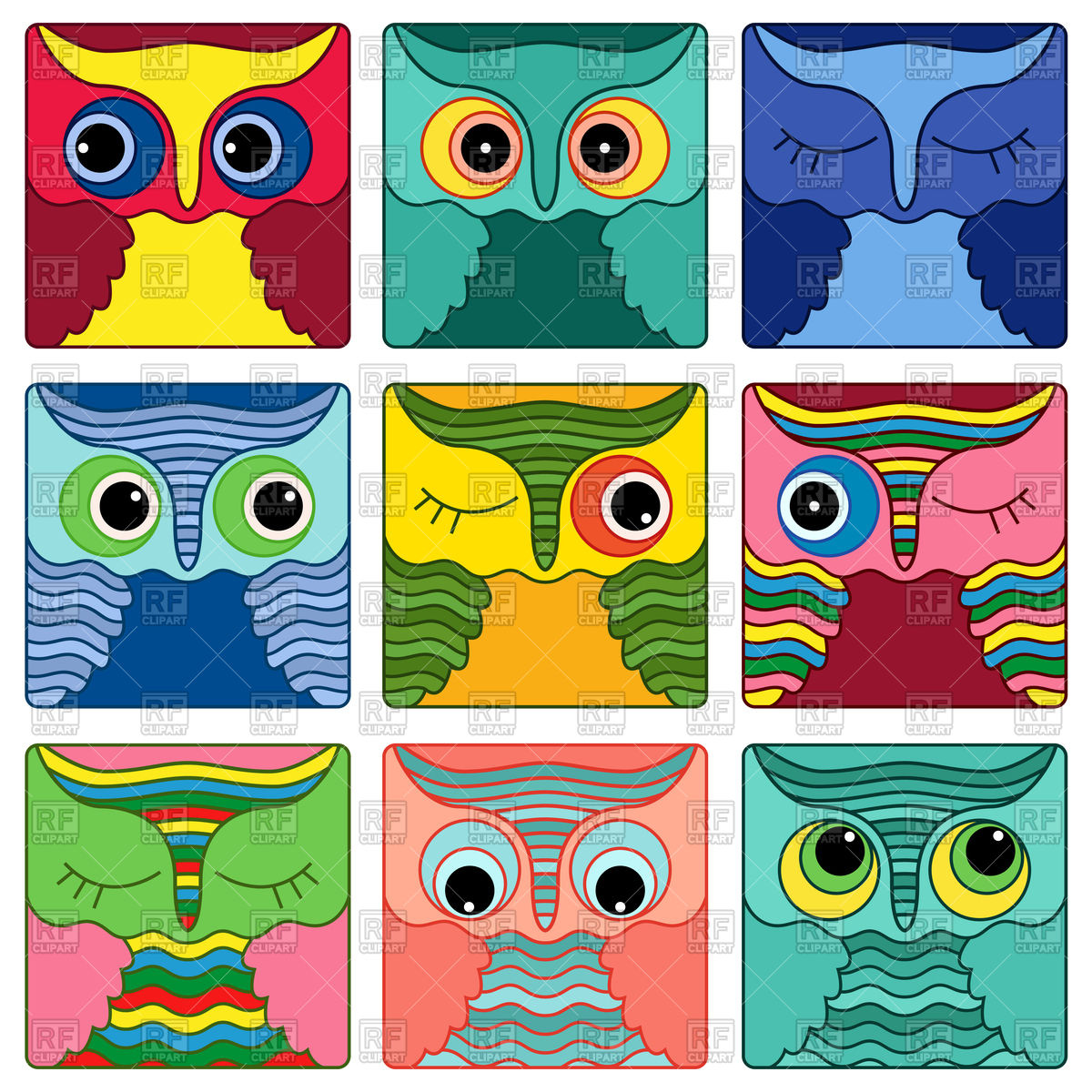1200x1200 Set Of Colorful Owl Faces Vector Image Of Signs, Symbols, Maps
