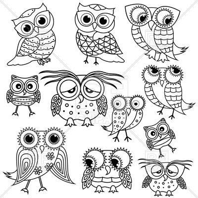 Set Of Funny Cartoon Owls Outline With Big Eyes Vector Image 400x400 Set Of Funny Cartoon Owls Outline With Big Eyes Vector Image
