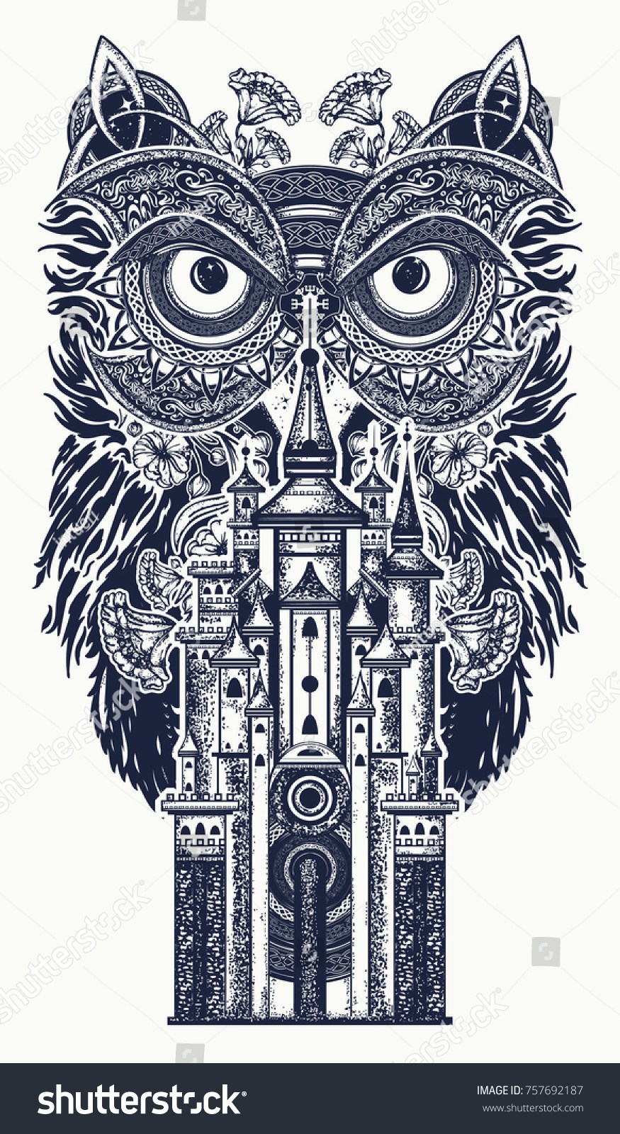 875x1600 Owl Magic Castle Tattoo Art Symbol Stock Vector Royalty Free