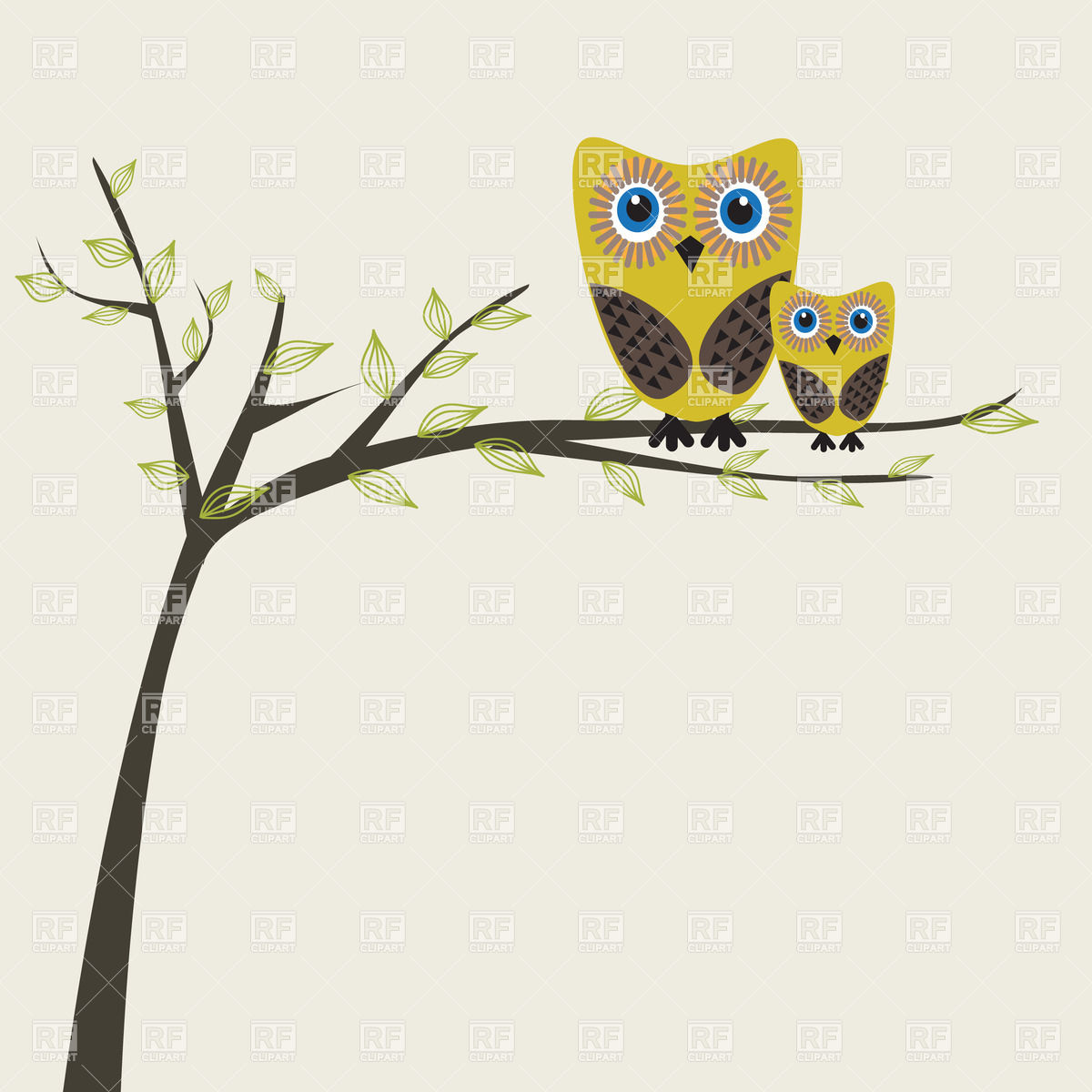 1200x1200 Two Cute Cartoon Owls On A Tree Branch Vector Image Of Plants