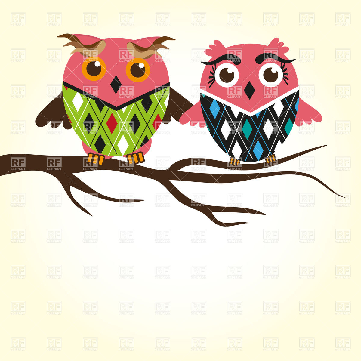1200x1200 Two Cute Owls Sitting On The Tree Branch And A Lot Of Copyspace