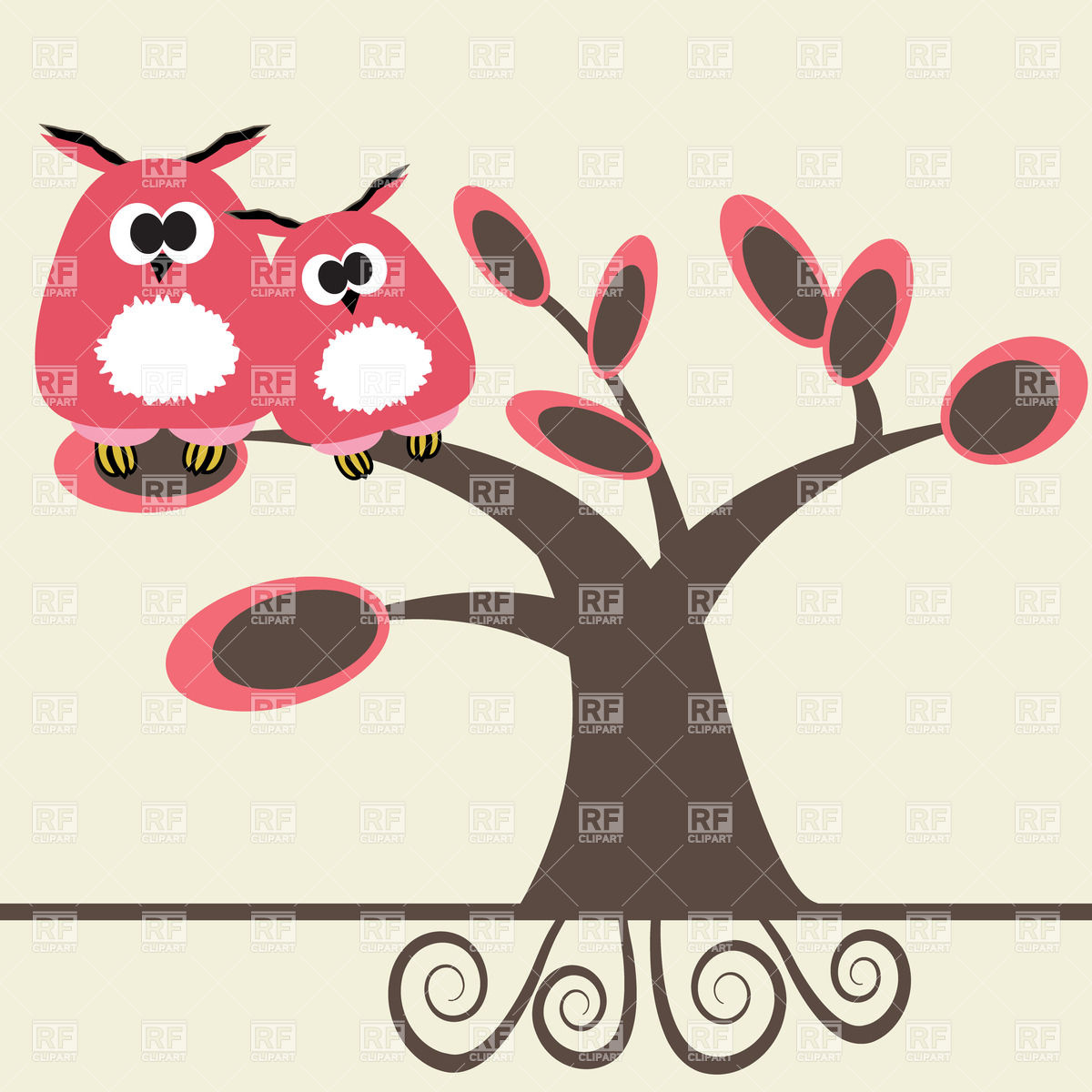 1200x1200 Two Funny Cartoon Owls On The Tree Branch Vector Image Of Plants