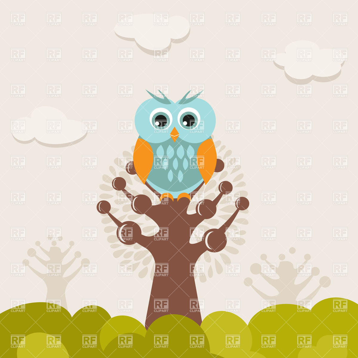 1200x1200 Funny Cartoon Owl On A Tree Vector Image Of Plants And Animals