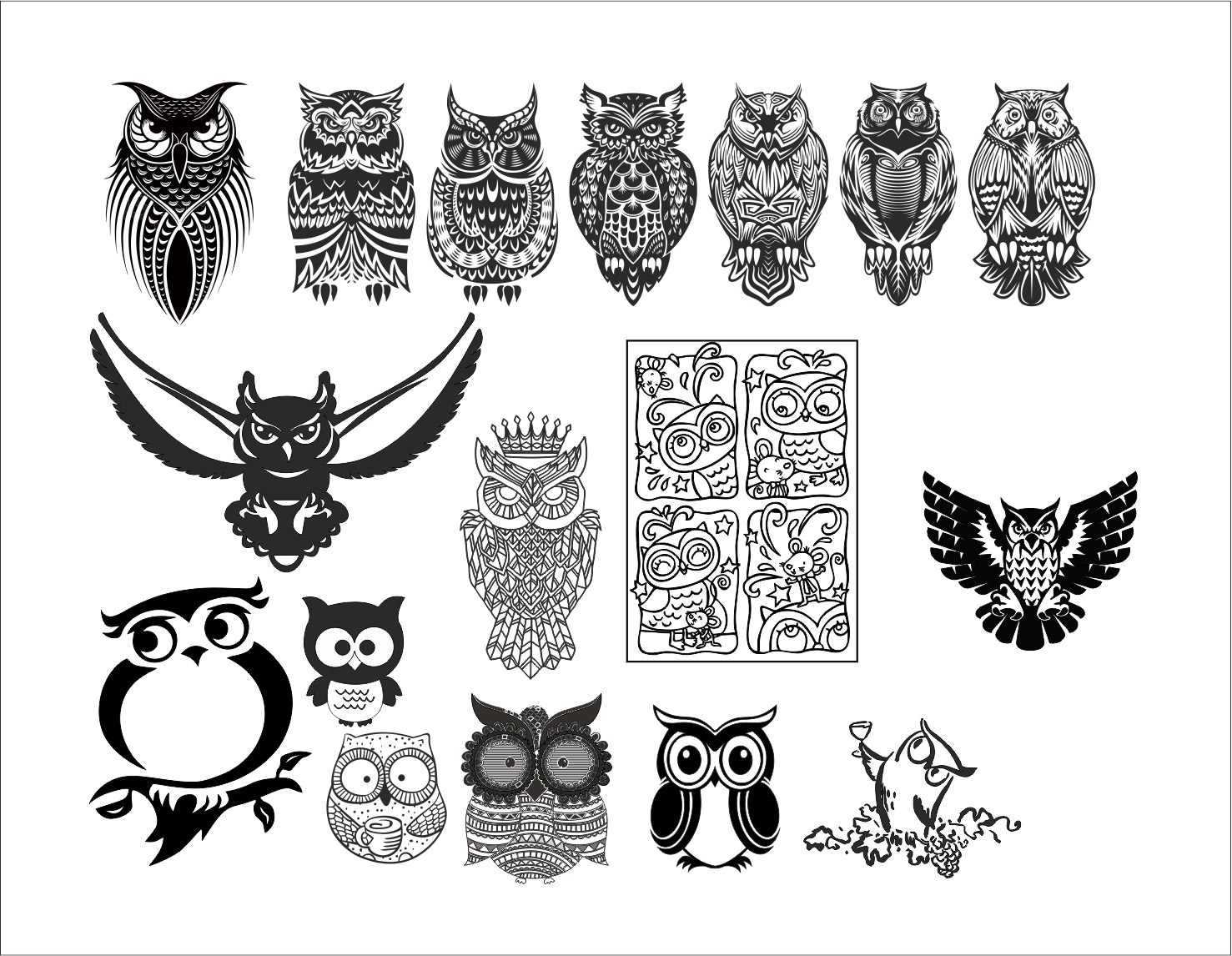 1477x1146 Large Set Of Black And White Owl Vectors Free Vector Cdr Free