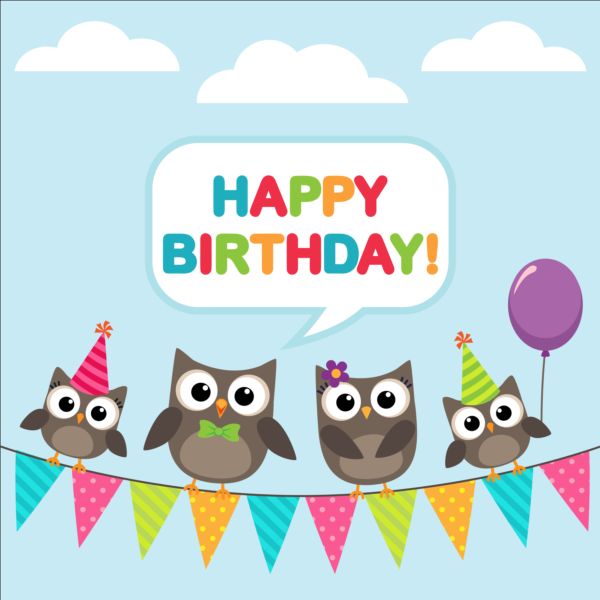 600x600 Happy Birthday Card And Cute Owls Vector Free Download