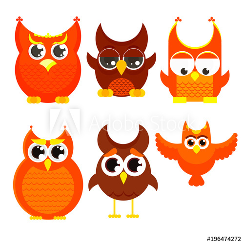 500x500 Flat Cartoon Owl Set, Owls With Big Eyes And Small Wings, Vector