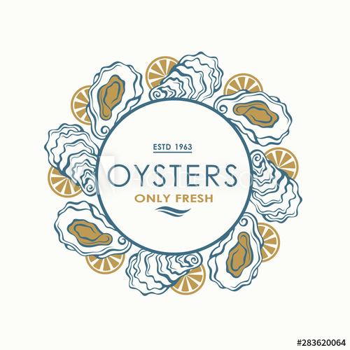 500x500 Label Of Fresh Oyster Shell And Lemon Isolated On Light Background