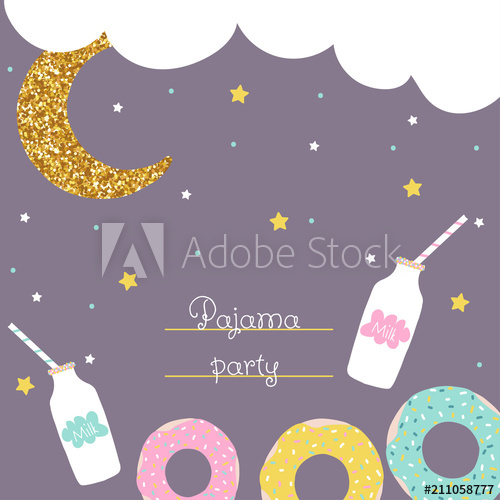 500x500 Pajama Party Cute Flyer With Donut, Milk And Glitter Moon Vector
