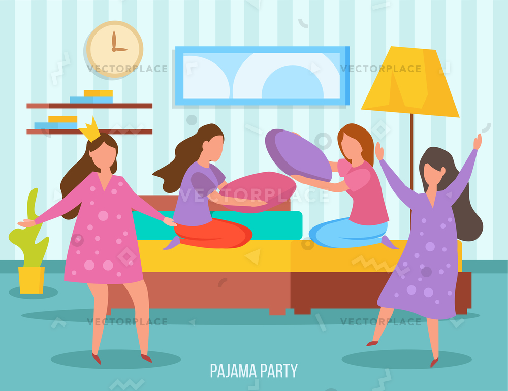 1000x770 Girls Friendship Sleepover Orthogonal Composition Young Vector