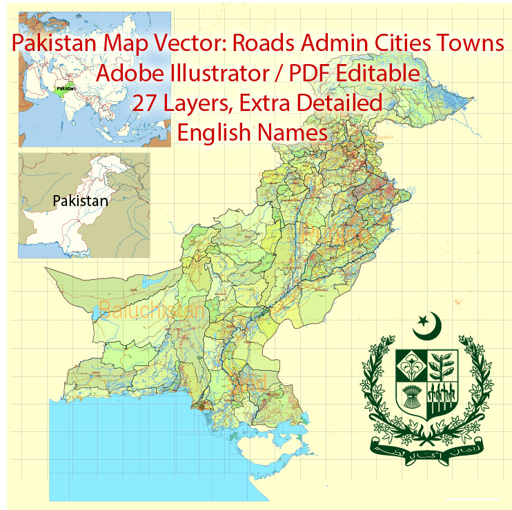 742x740 Pakistan Vector Map Extra Detailed Road Admin Editable Adobe