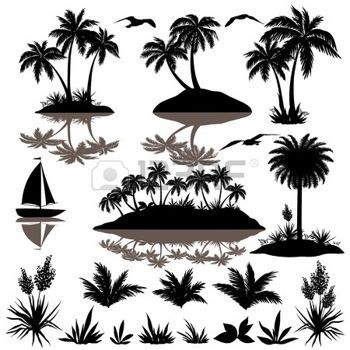 350x350 Palm Tree Black And White Tropical Set, Sea Island With Palm