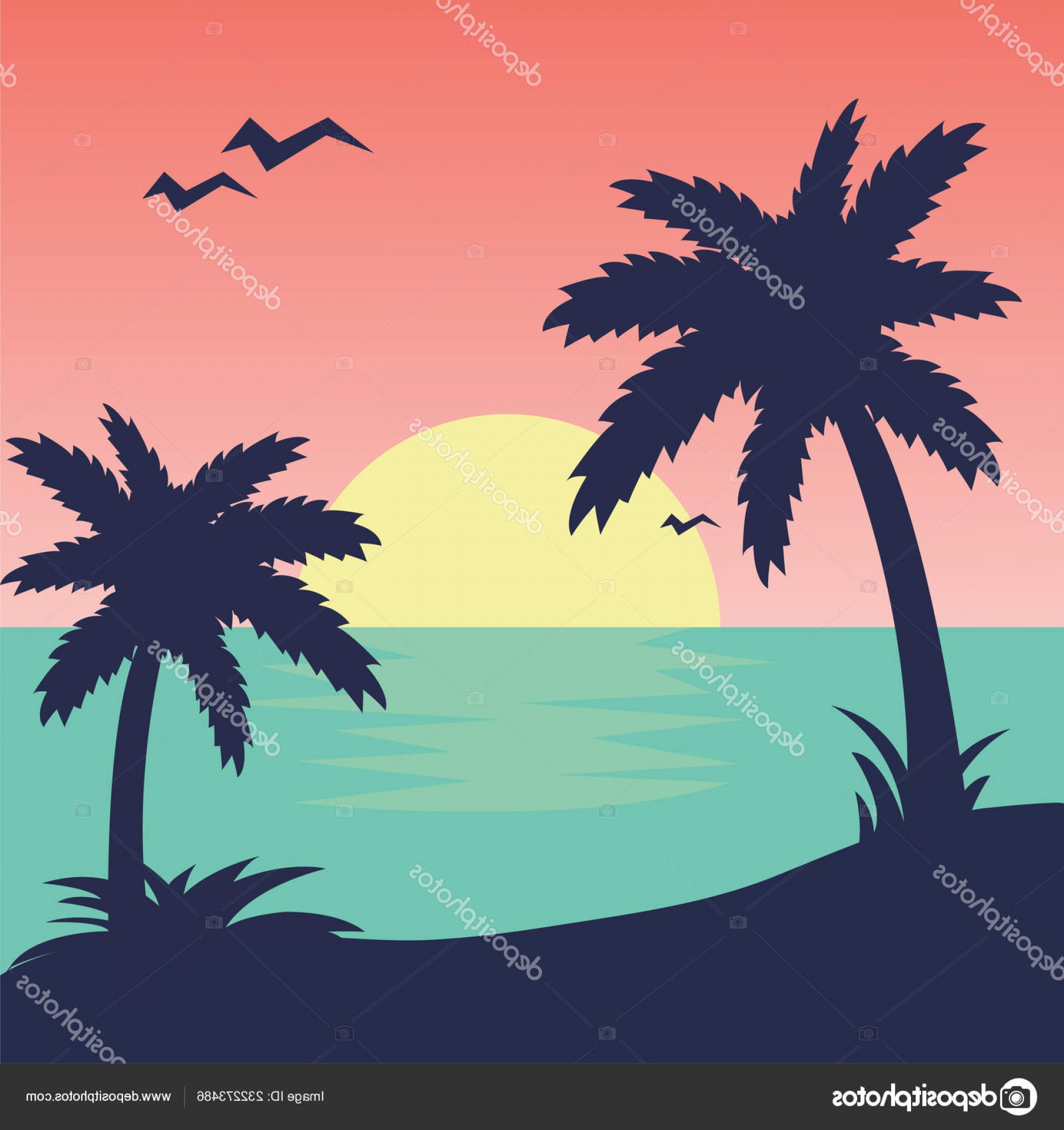 1920x2040 Stock Illustration Sunset Tropical Beach Palms Vector Studiogrfx