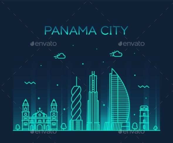 590x489 Panama City Skyline Panama Vector Linear Style