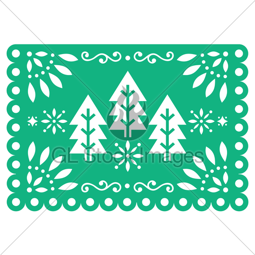 500x500 Christmas Papel Picado Vector Design With Xmas Trees, Mex Gl