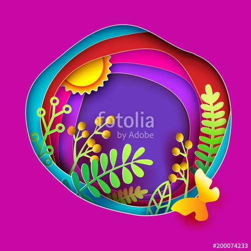 500x500 Floral Paper Art Layered Background Flowers, Grass, Butterfly