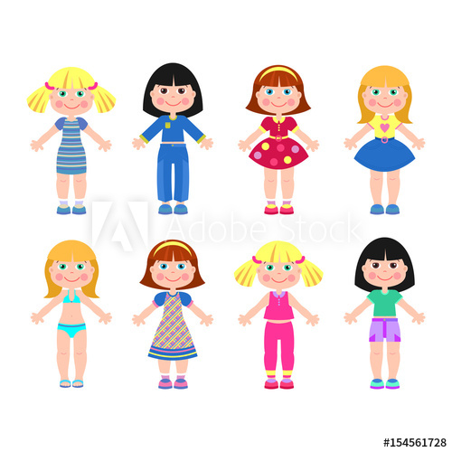 500x500 Paper Doll Girl In Different Clothes Vector Illustration