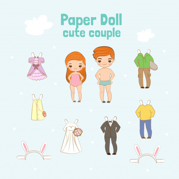 626x627 Cute Paper Doll Couple Character Vector Premium Download