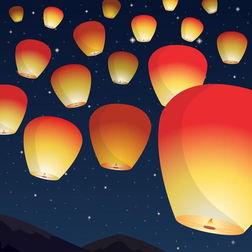 490x490 Sky Lantern Festival In The Night Vector Illustration