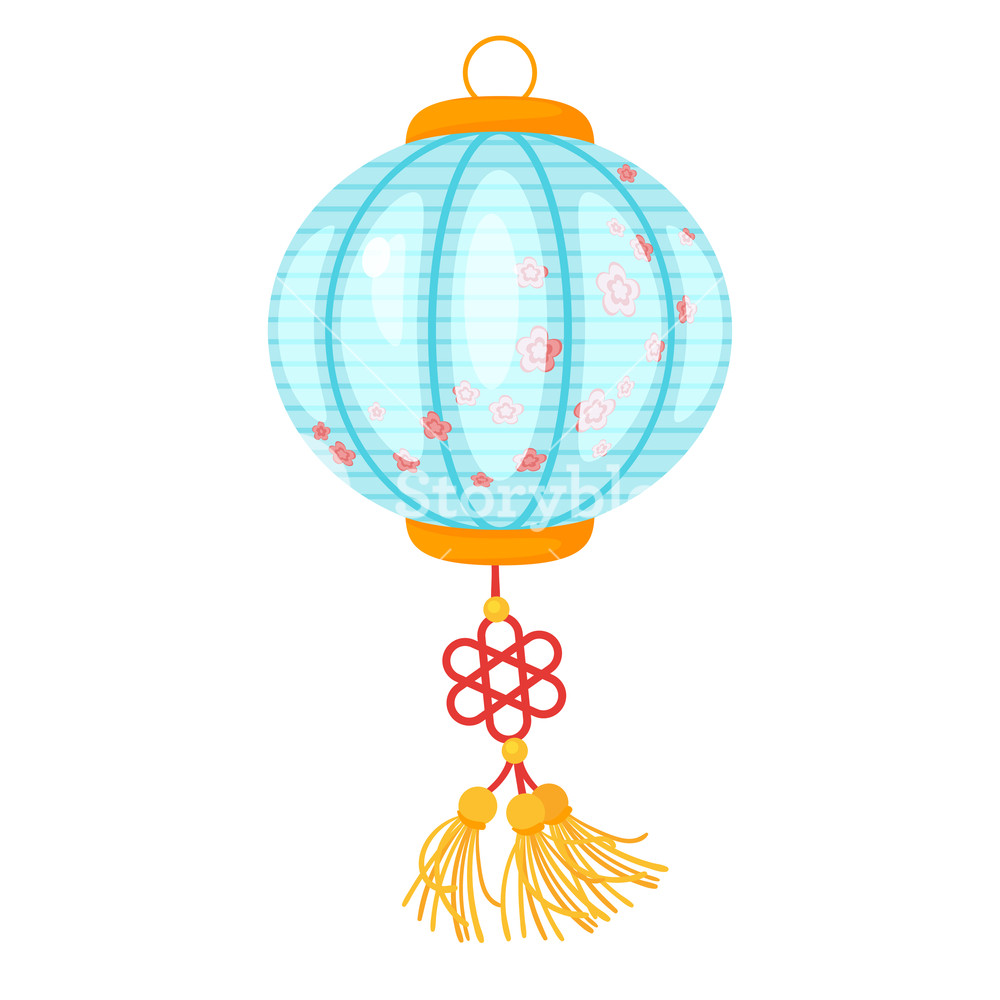 1000x1000 Chinese Blue Color Paper Lantern With Flowers Isolated On White
