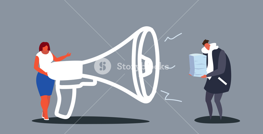 Businesswoman Boss Screaming With Megaphone On Overworked Man 1000x510 Businesswoman Boss Screaming With Megaphone On Overworked Man