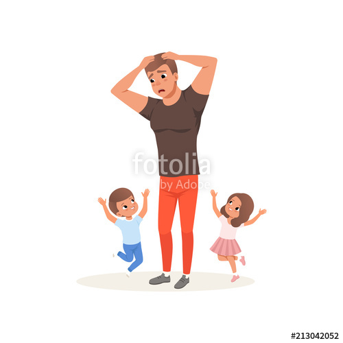 500x500 Tired Father And His Children Who Want To Play, Parenting Stress