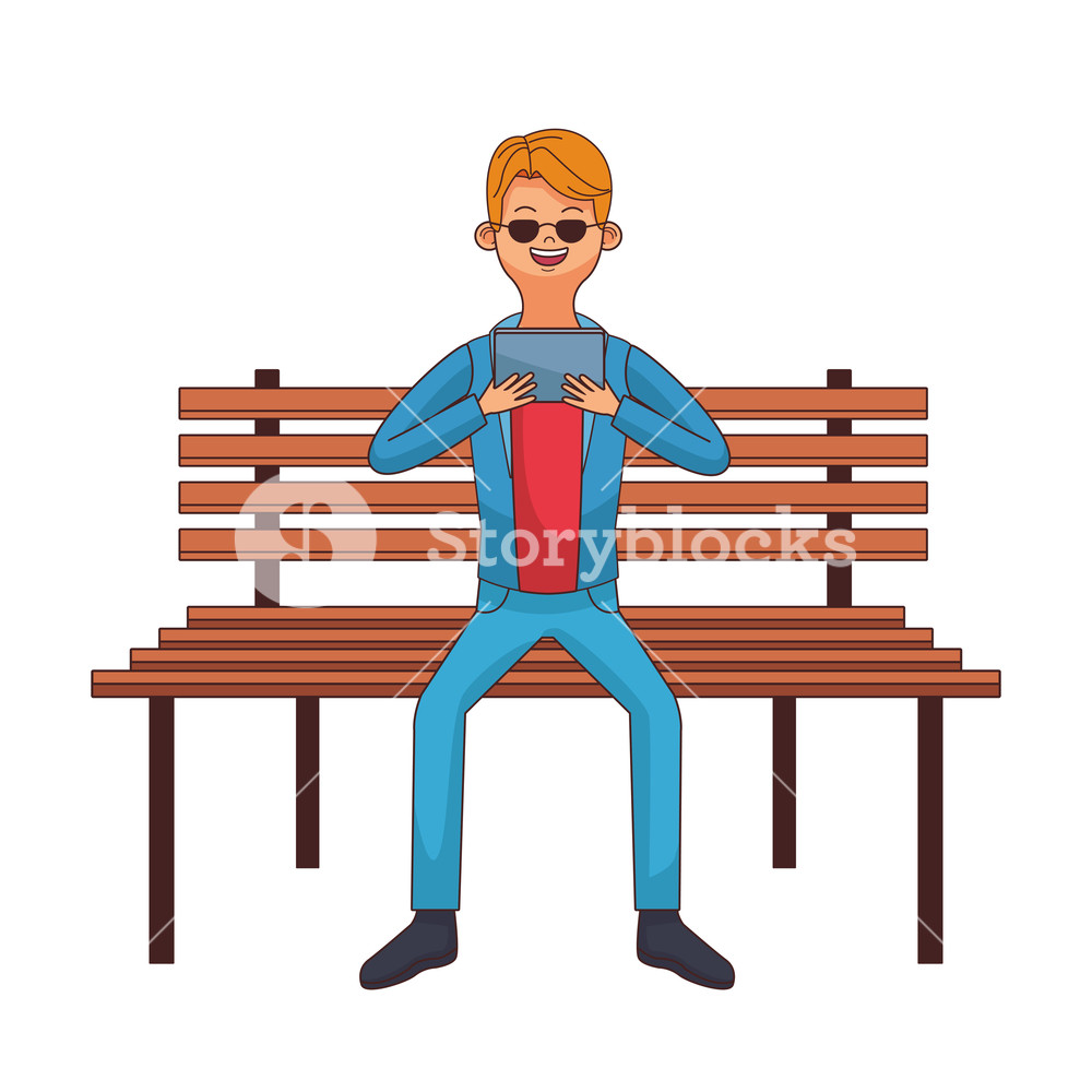 1000x1000 Young Man Cartoon Using Technology Device Over Park Bench Vector