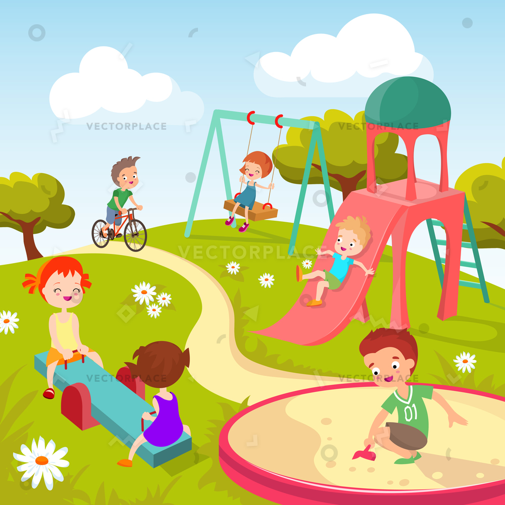 1000x1000 Cute Children Playground Happy Playing Summer Vector Illustration