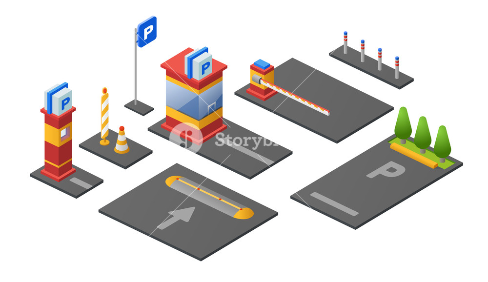 1000x578 Parking Lot Isometric Vector Illustration Icons Of Checkpoint