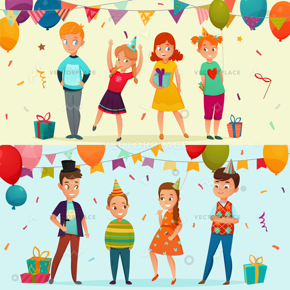 1000x1000 Two Horizontal Colored Kids Party Banner Vector Illustration