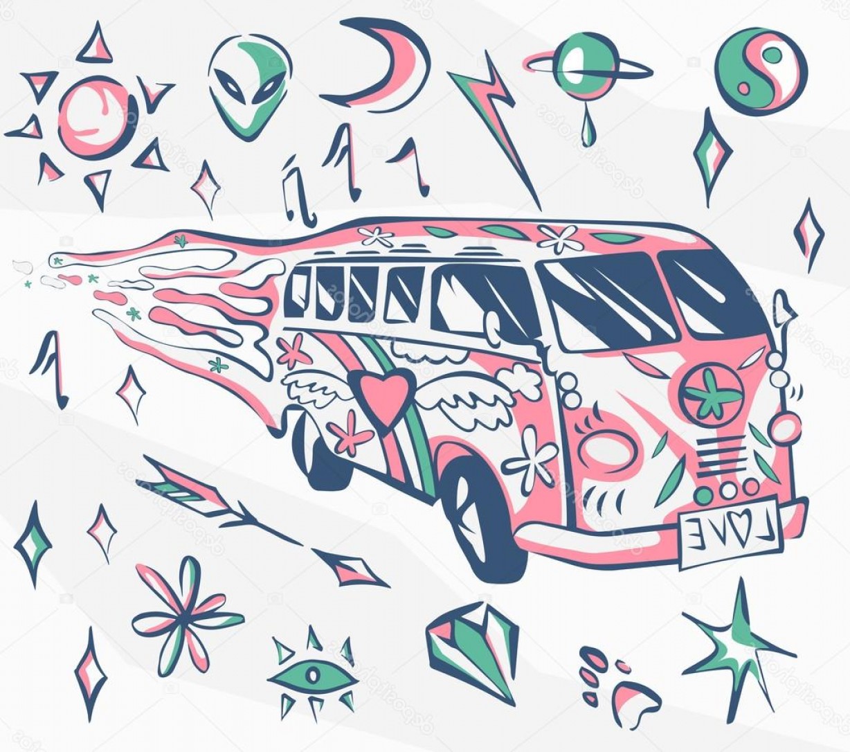 1228x1086 Stock Illustration Love Bus Vector Poster Hippie Soidergi