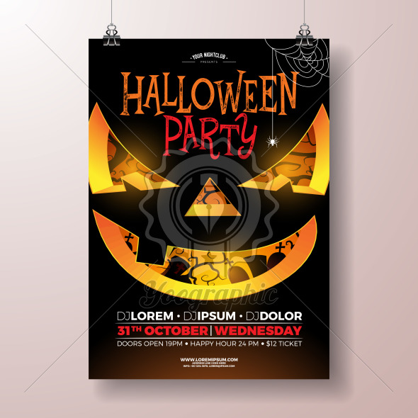 590x590 Halloween Party Flyer Vector Illustration With Scary Face On Black